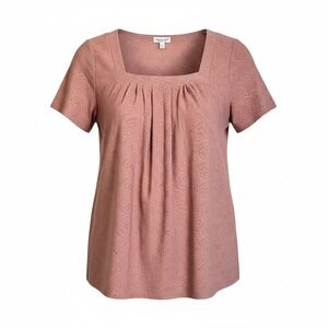 Anna-Kaci Mauve Floral Eyelet Square Neck Pleated Blouse XL Short Sleeve Top